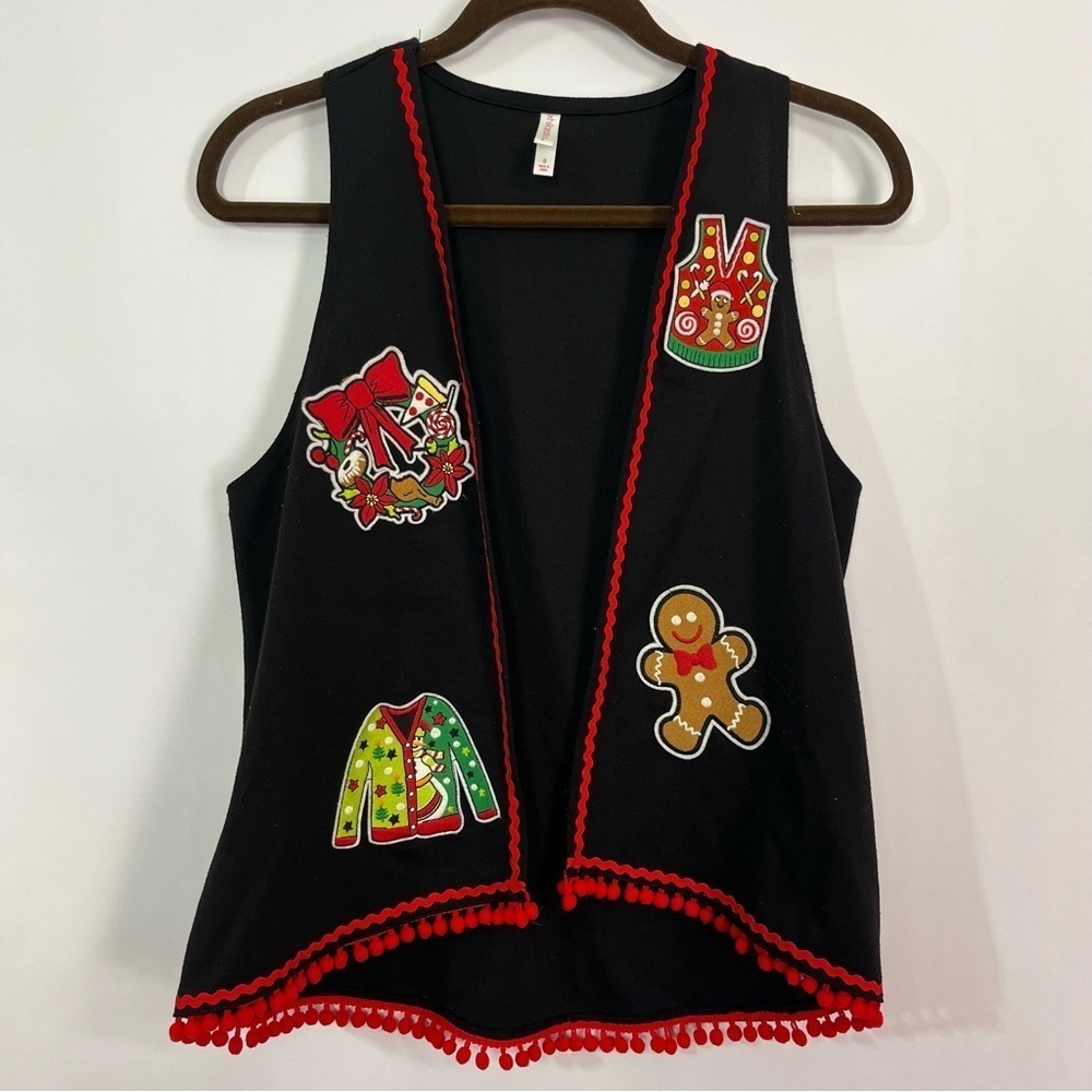 Christmas Vest Appliqué Tassel Trim Black Red sz Small